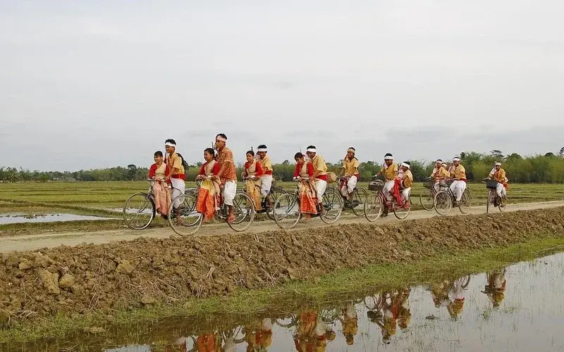 Assam’s tea gardens, green hills, and the Brahmaputra River under clear skies.