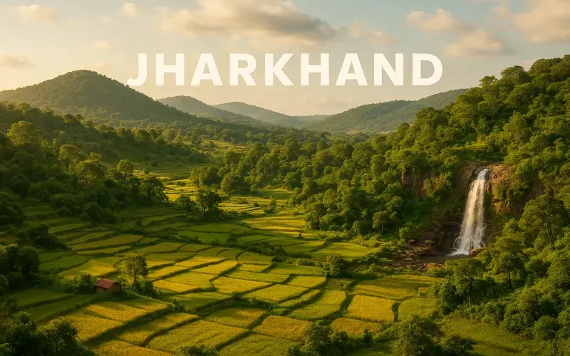 Jharkhand’s waterfalls, lush forests, and green hills under clear skies.